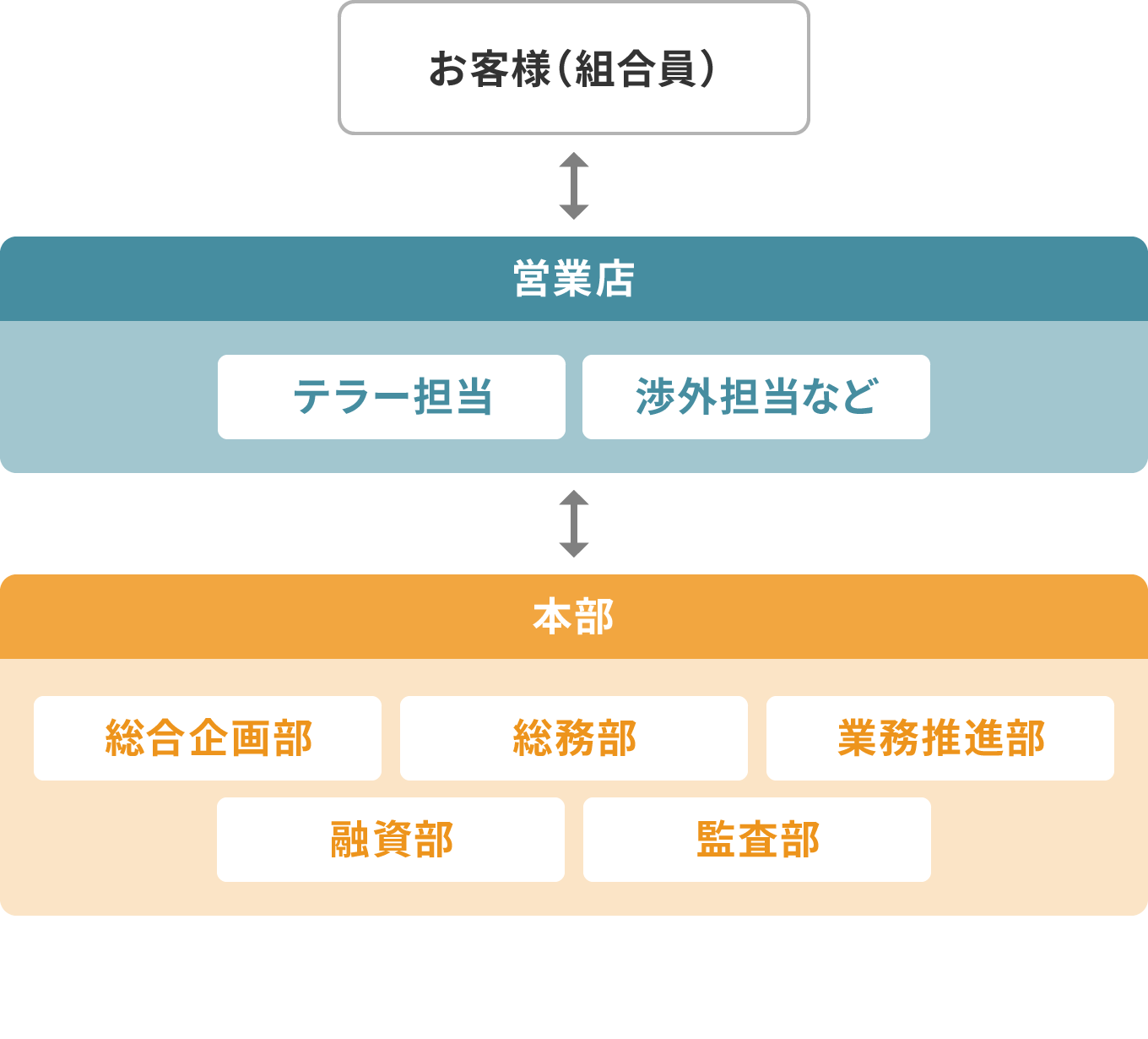 お客様(組合員)⇄営業店 テラー担当 渉外担当など⇄本部 業務推進室 融資部 総合企画部 総務部 監査部