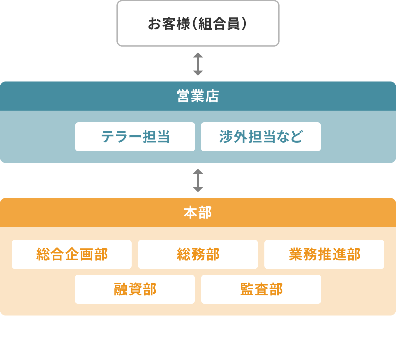 お客様（組合員）⇄営業店 テラー担当 渉外担当など⇄本部 業務推進室 融資部 総合企画部 総務部 監査部