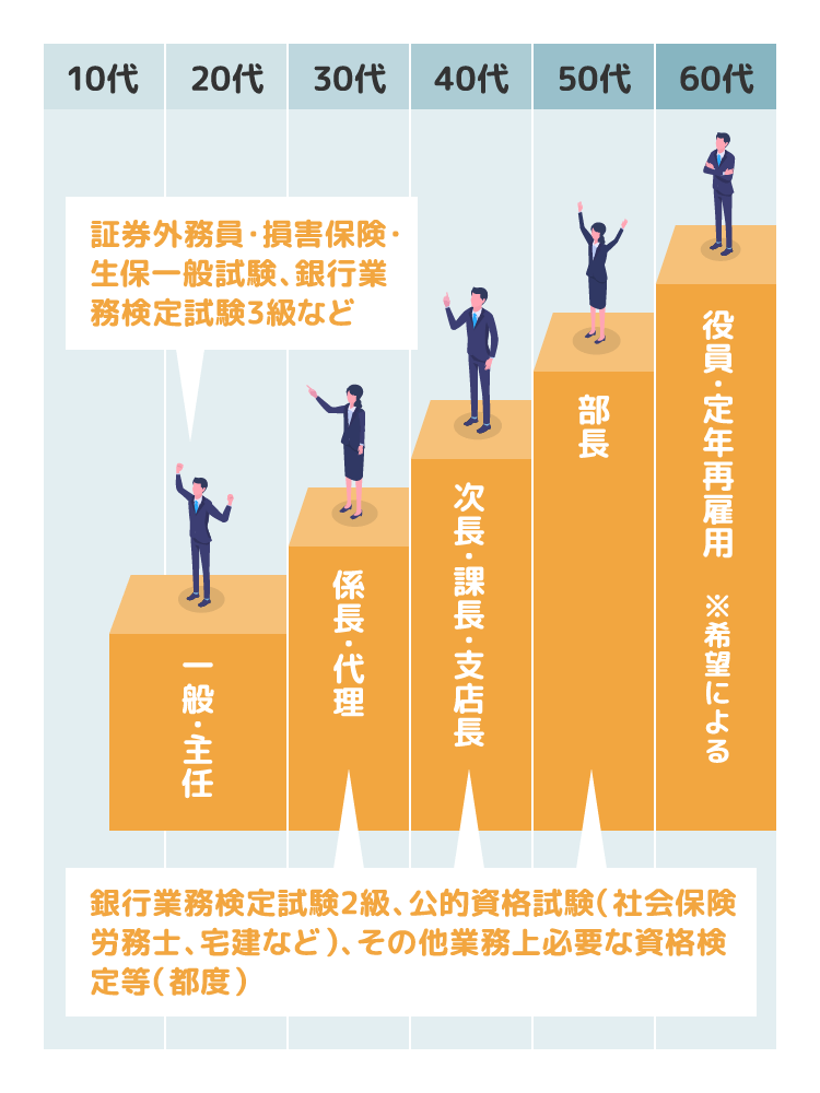 10〜20代 一般・主任 30代 係長・代理 40代次長・課長・支店長 50代 部長 60代 役員定年再雇用※希望による