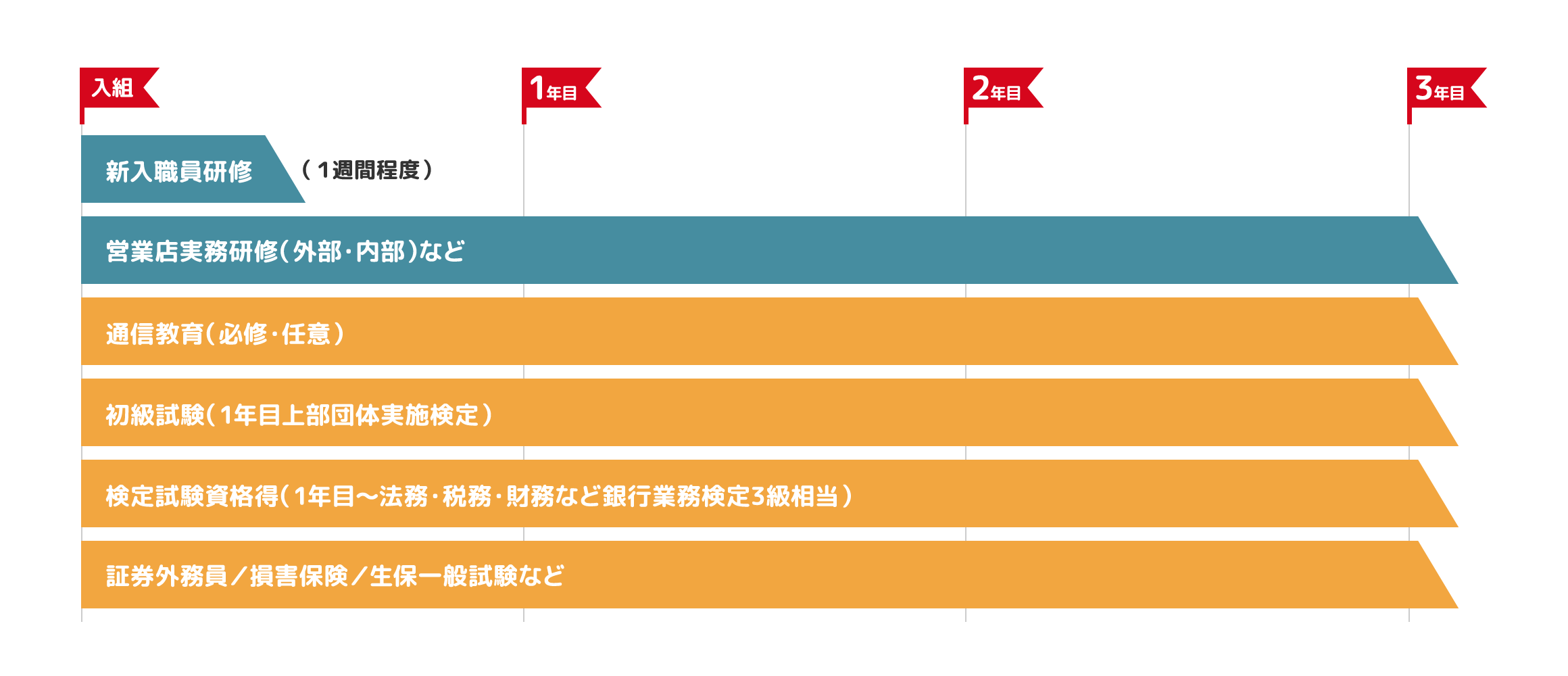 入組から 新入社員研修 営業店実務研修(外部・内部)など 通信教育(強制・任意) 初級試験(1年目上部団体実施検定) 検定試験資格得(1年目〜法務・税務・財務など銀行業務検定3級相当) 証券外務員/損害保険/生保一般試験など