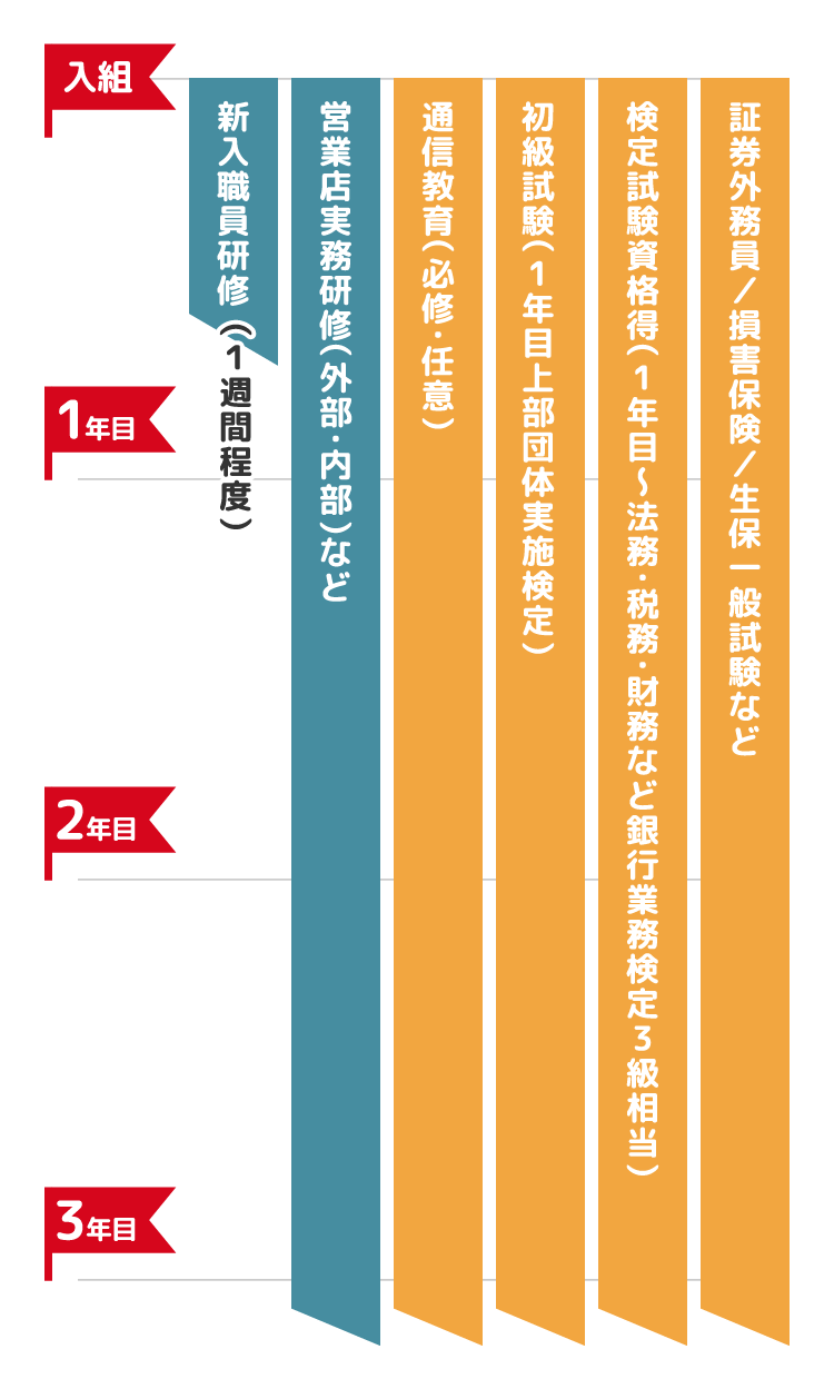 入組から 新入社員研修 営業店実務研修(外部・内部)など 通信教育(強制・任意) 初級試験(1年目上部団体実施検定) 検定試験資格得(1年目〜法務・税務・財務など銀行業務検定3級相当) 証券外務員/損害保険/生保一般試験など